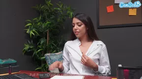 Rachel Rivers, a brunette, almost gets caught while pleasuring herself at work.