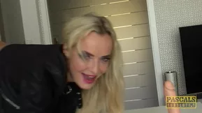 A mature blonde woman gives a deepthroat blowjob with rough sex in stockings.