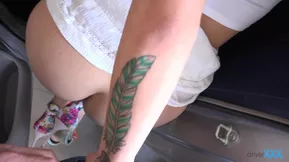 Naughty white girl caught stealing and gives blow job in backseat of a car.