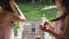 A trio of girls having fun with a lucky stranger in a threesome.