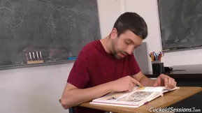 Young teacher seduces college professor in a forbidden classroom encounter.