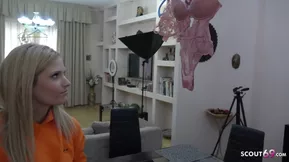 Real casting of a skinny teen with blue eyes by a hot face sitter