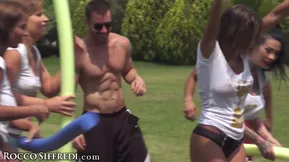 The wife gets a hard gang bang from the whole team.