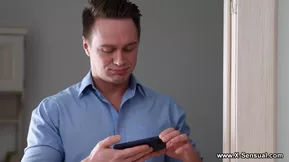 A petite blonde has a sensual anal scene.