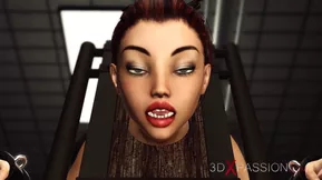 Beautiful brunette with big bosom in handcuffs, rough sex with a big black cock in a cartoon.