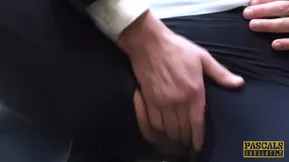 A brunette slave gets a facial while in the doggy style