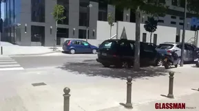 Strong young red devil x gets on his knees and gives blow job to an unknown girl