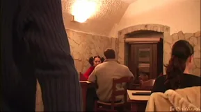 Three womanizing men in the act of triply pleasing a woman in cowgirl position with facial finish